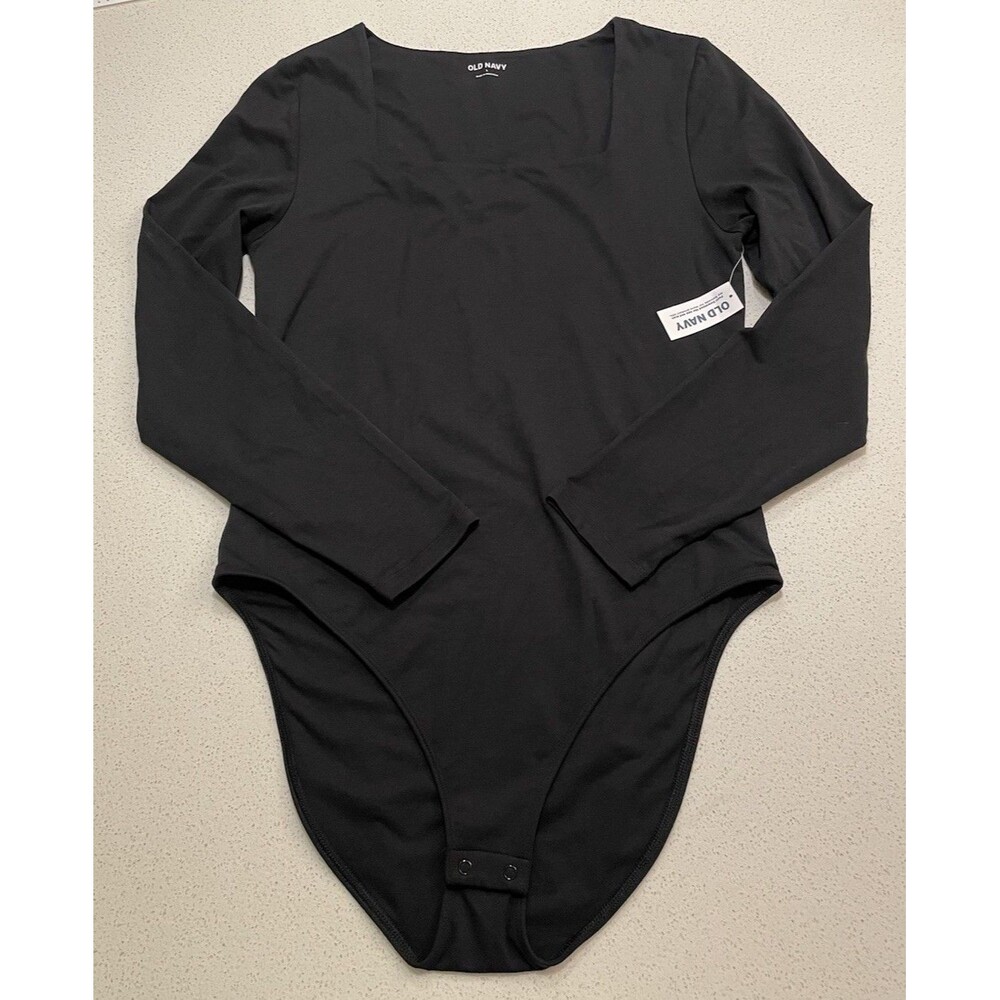 NWT Old Navy Size L Long Sleeve Bodysuit Black Square Neck